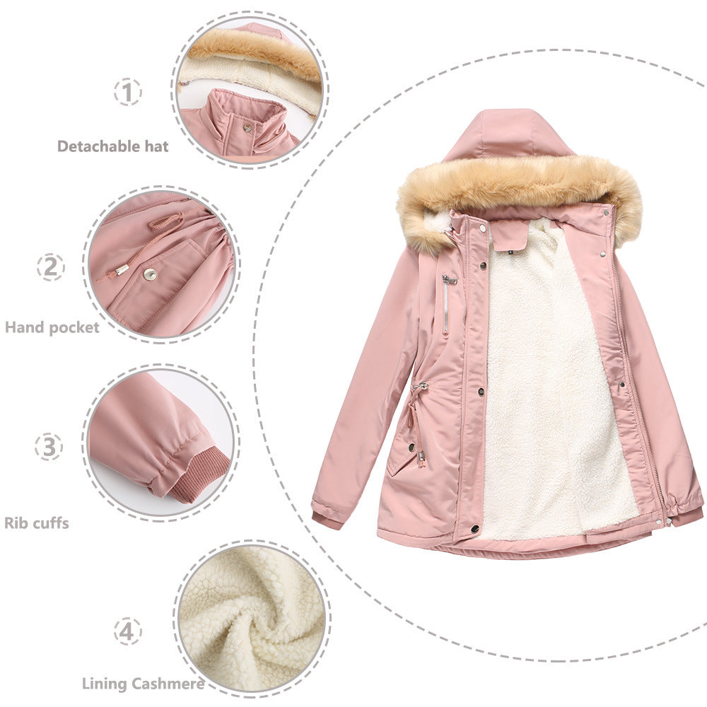 Thick Lambskin Cotton Detachable Fur Hoodie Fleece Padded Coat