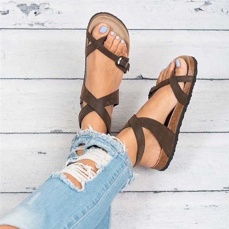 Cork Sole Roman Toe Covering Belt Buckle Strip Winding Sandals
