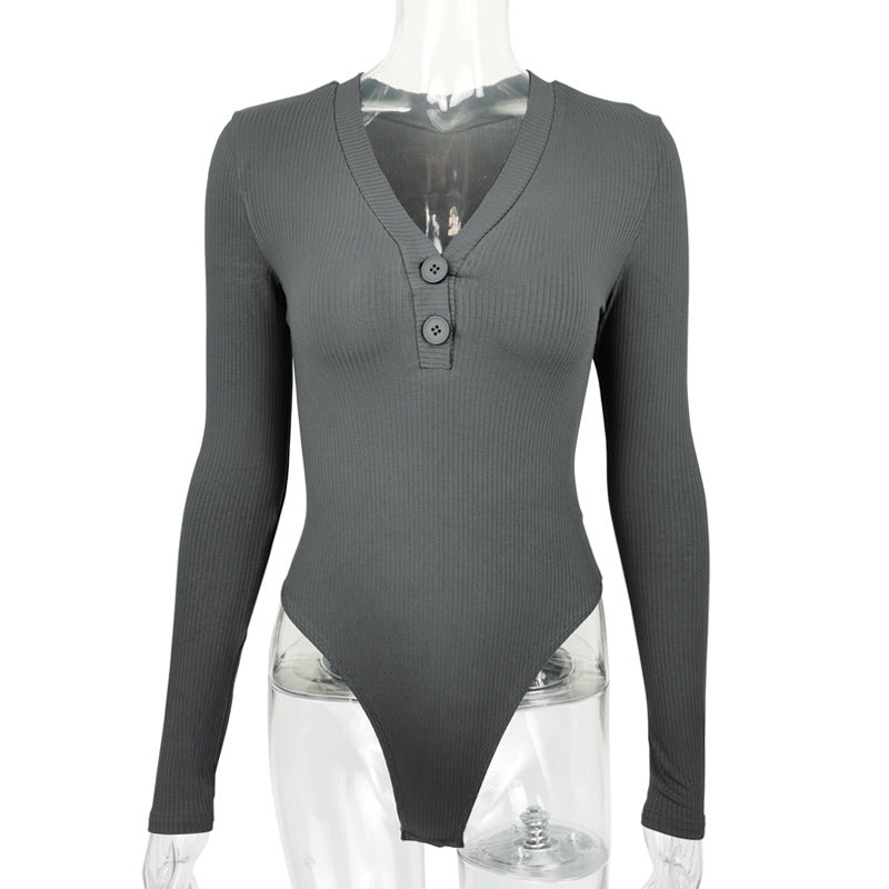Sexy Slim Cotton Sunken Stripe V-neck Buttons Long Sleeve Bodysuit