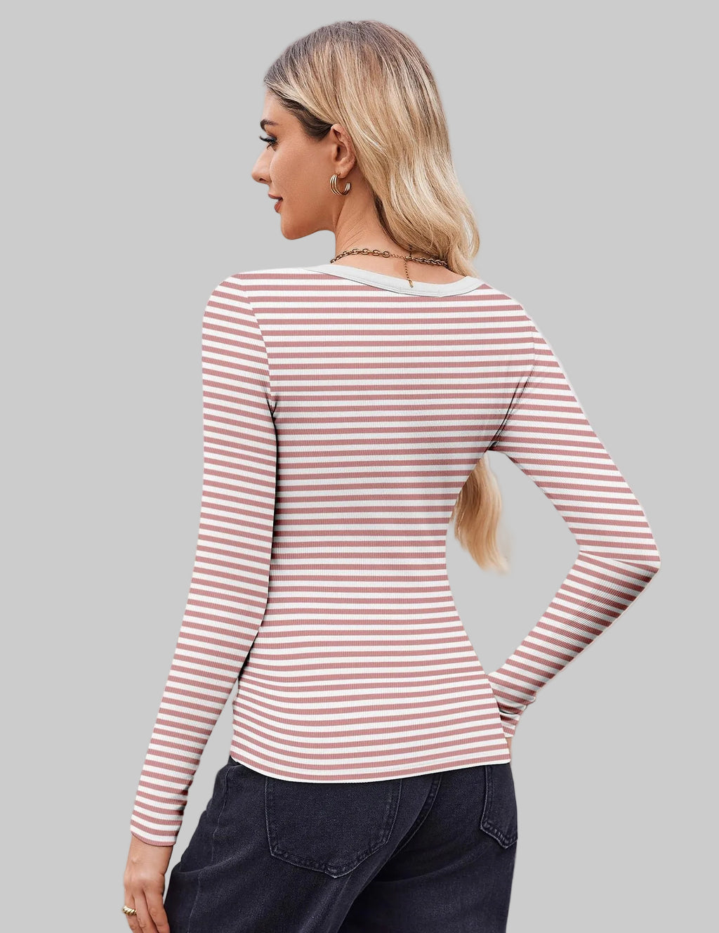 Striped Slim U-Neck Sexy Long Sleeve Top