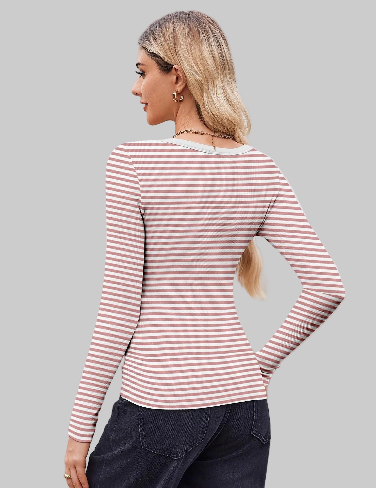 Striped Slim U-Neck Sexy Long Sleeve Top