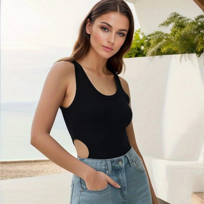 Sexy Slim Fit U-Collar Waist Hollow Cutout Rayon Rib Bodysuit