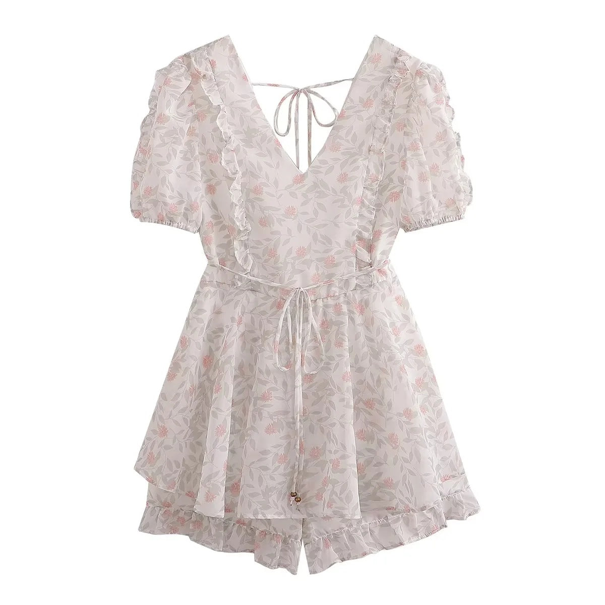 V-neck Slingback Printed Ruffled Short Sleeves Romper