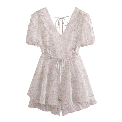 V-neck Slingback Printed Ruffled Short Sleeves Romper