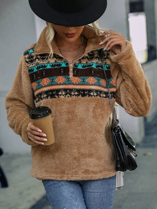 Plush Multicolor Geometric Abstract Printed Fleece Sweatshirt