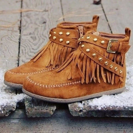 Vintage Suede Tassel Buckle Ankle Boots
