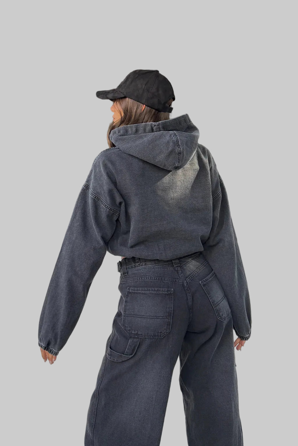 Casual Washed Hooded Denim Long Sleeved Hoodie