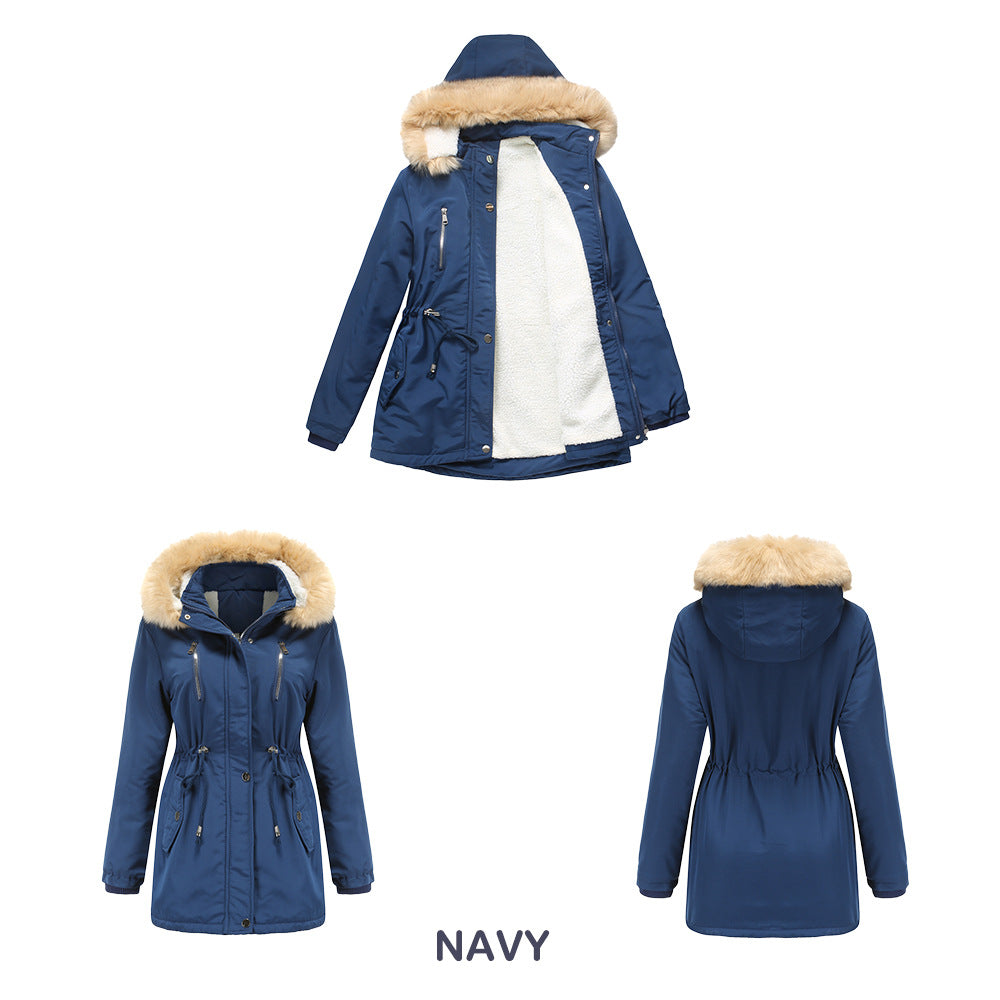 Thick Lambskin Cotton Detachable Fur Hoodie Fleece Padded Coat