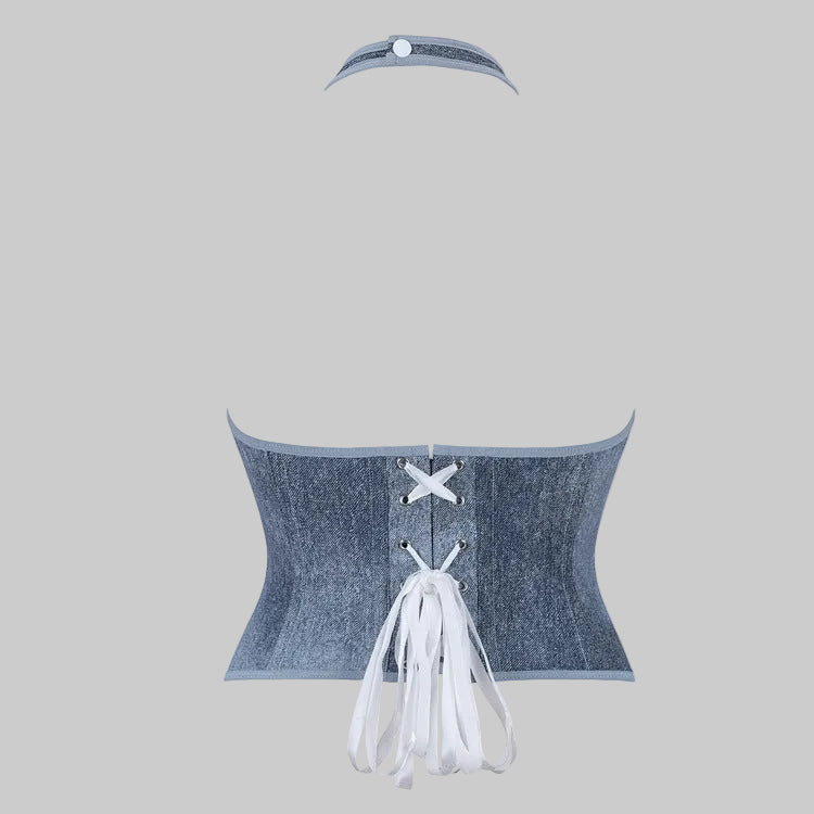 A blue denim corset-style harness top with white laces and a matching headband, displayed on a plain white background.
