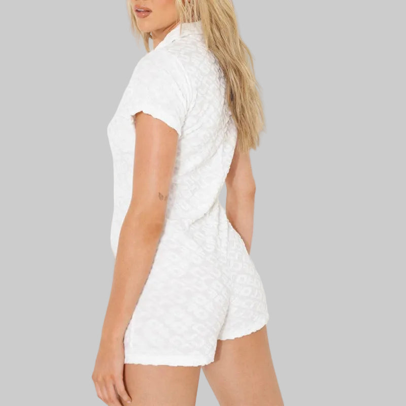 Knitted Embossed Polo Collar Romper