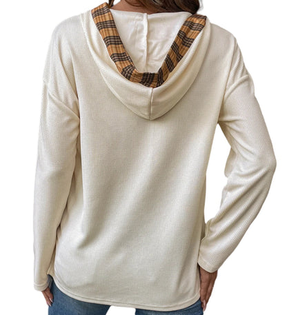 Half Button Stitching Plaid Long Sleeve Hoodie