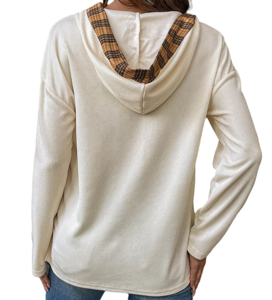 Half Button Stitching Plaid Long Sleeve Hoodie