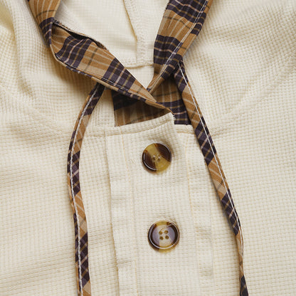 Half Button Stitching Plaid Long Sleeve Hoodie