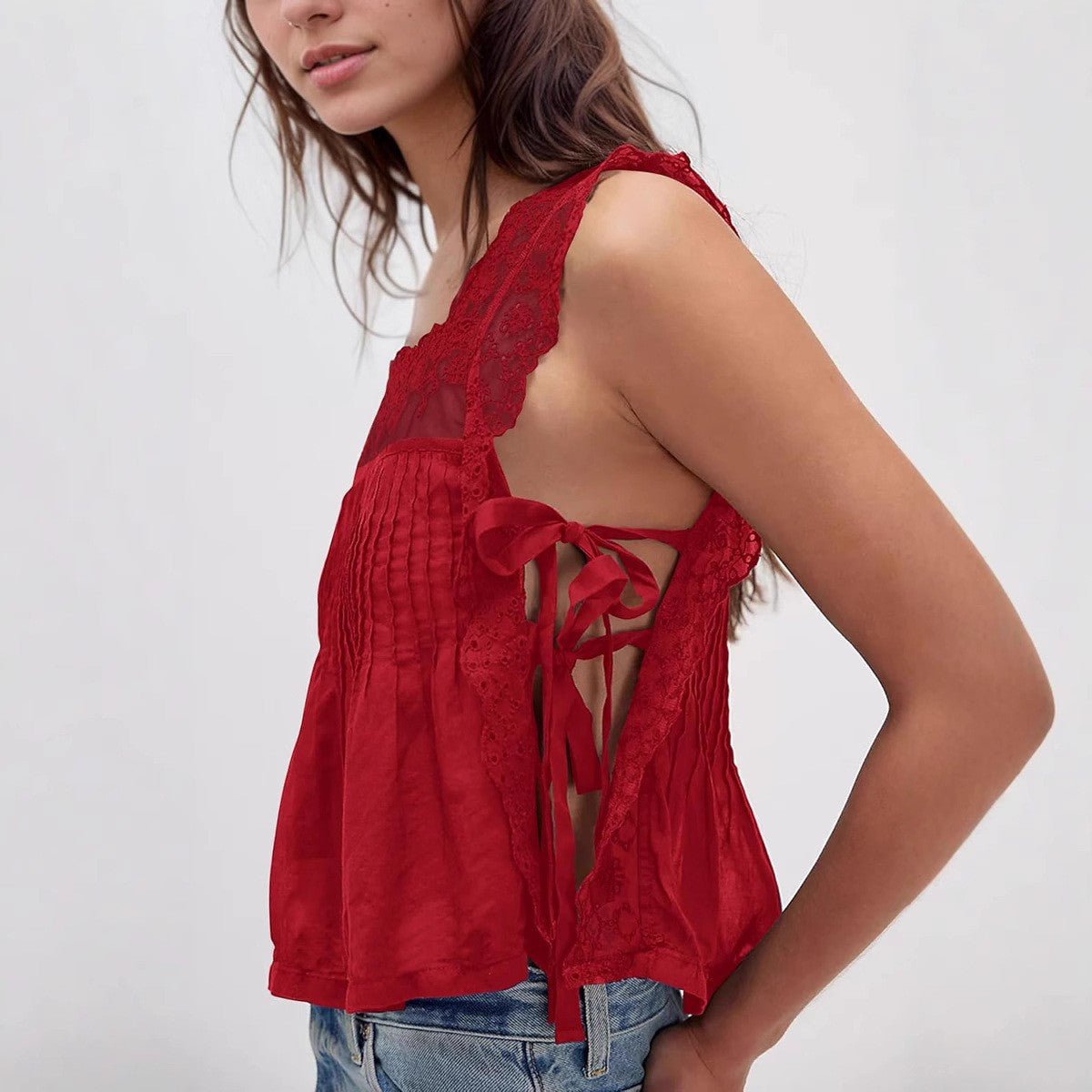 Lace-up Lace Square Collar Camisole Short Top
