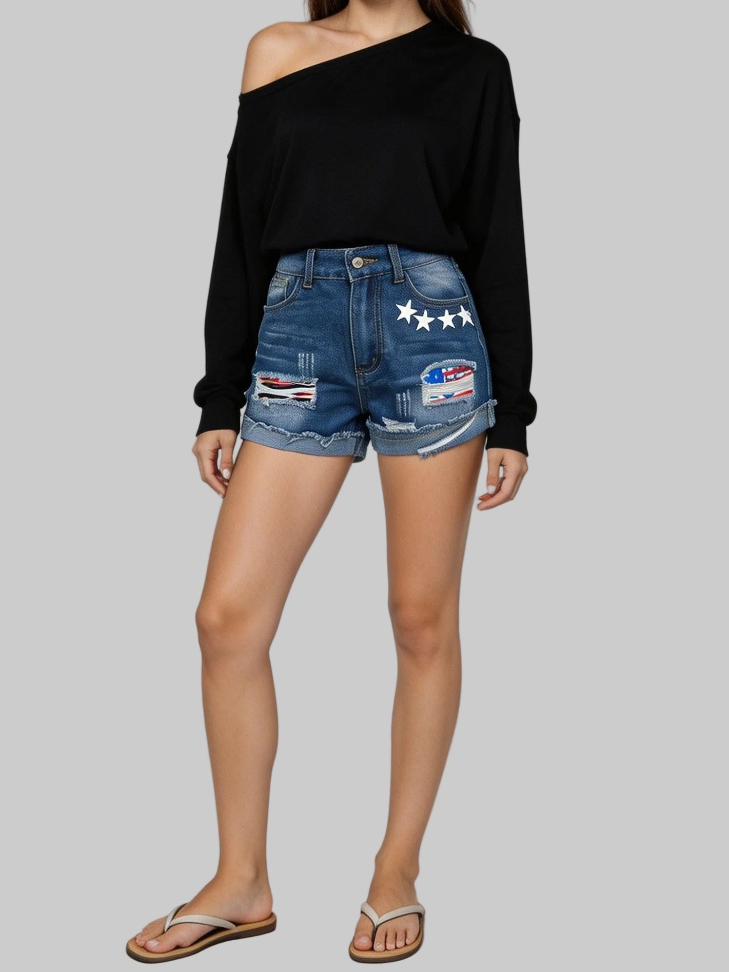 Flanging Printed Pattern Denim Shorts