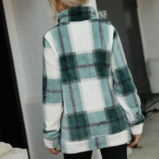 Long Sleeve Stand Collar Plaid Zip Gold Mink Velvet Coat