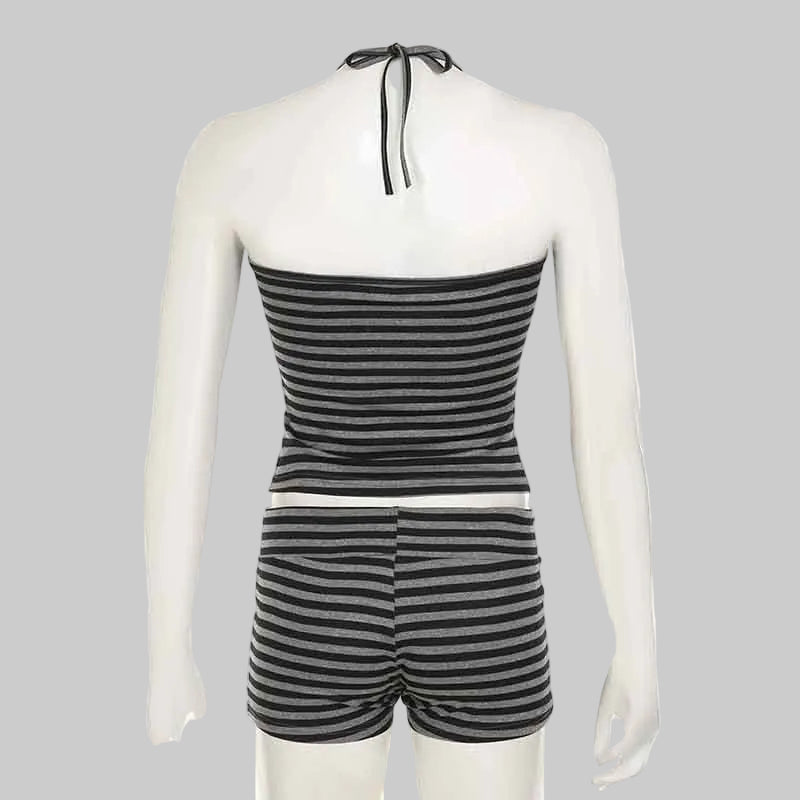 Sexy Striped Halter Top Drawstring Shorts Two Piece Set