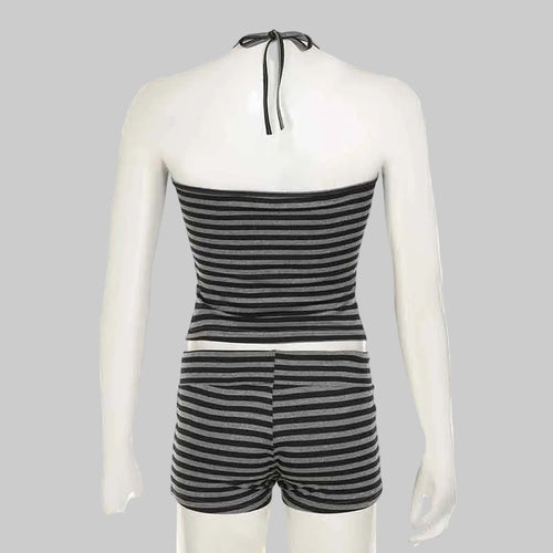 Sexy Striped Halter Top Drawstring Shorts Two Piece Set