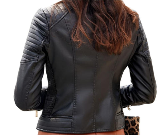 European Leather Collared Motorcycle Oblique Zipper Jacket