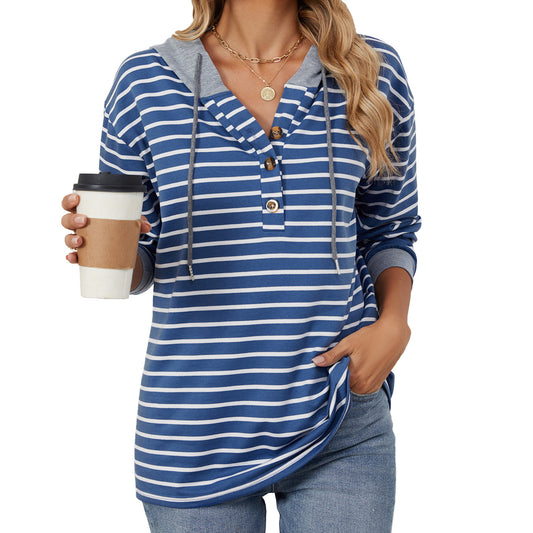 Striped Color Contrast Patchwork Hooded Long Sleeve Sweatshirt