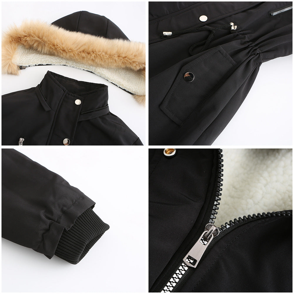 Thick Lambskin Cotton Detachable Fur Hoodie Fleece Padded Coat
