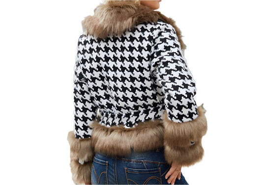 Plaid Detachable Short Fur Collar Houndstooth Coat