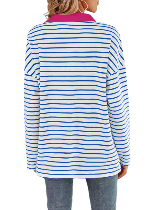 Polo Collar Striped Long Sleeved Top