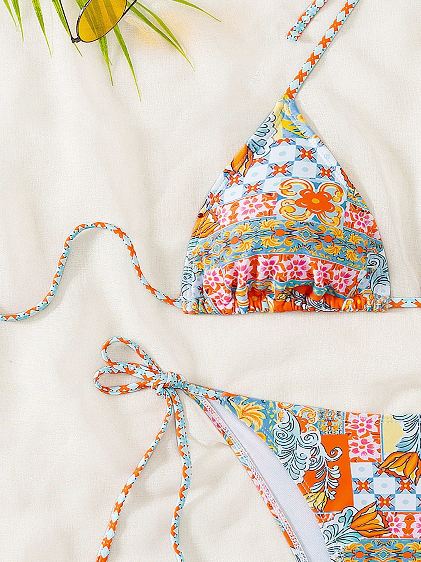 Triangle Cup Print Lace-up Bikini