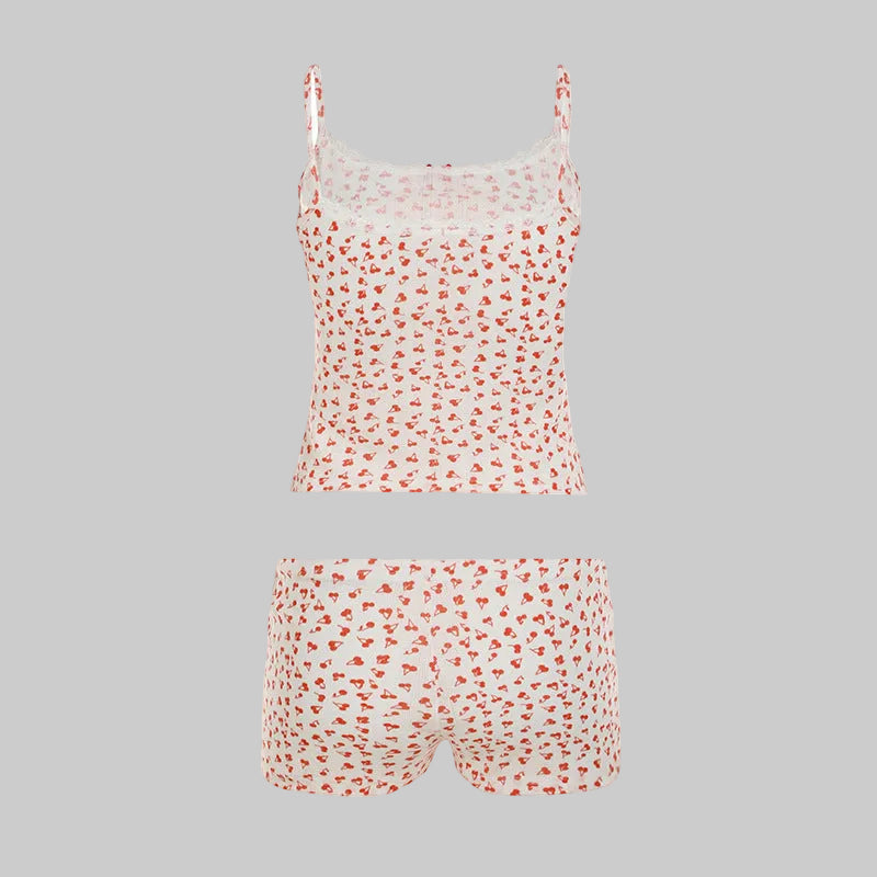 Cute Little Cherry Print Lace Two Piece Set