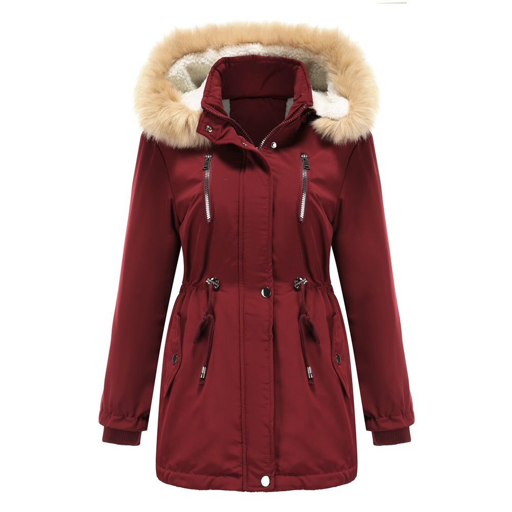 Thick Lambskin Cotton Detachable Fur Hoodie Fleece Padded Coat