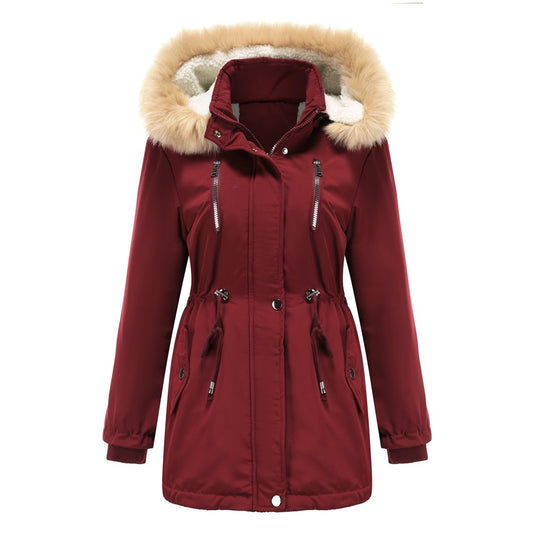 Thick Lambskin Cotton Detachable Fur Hoodie Fleece Padded Coat