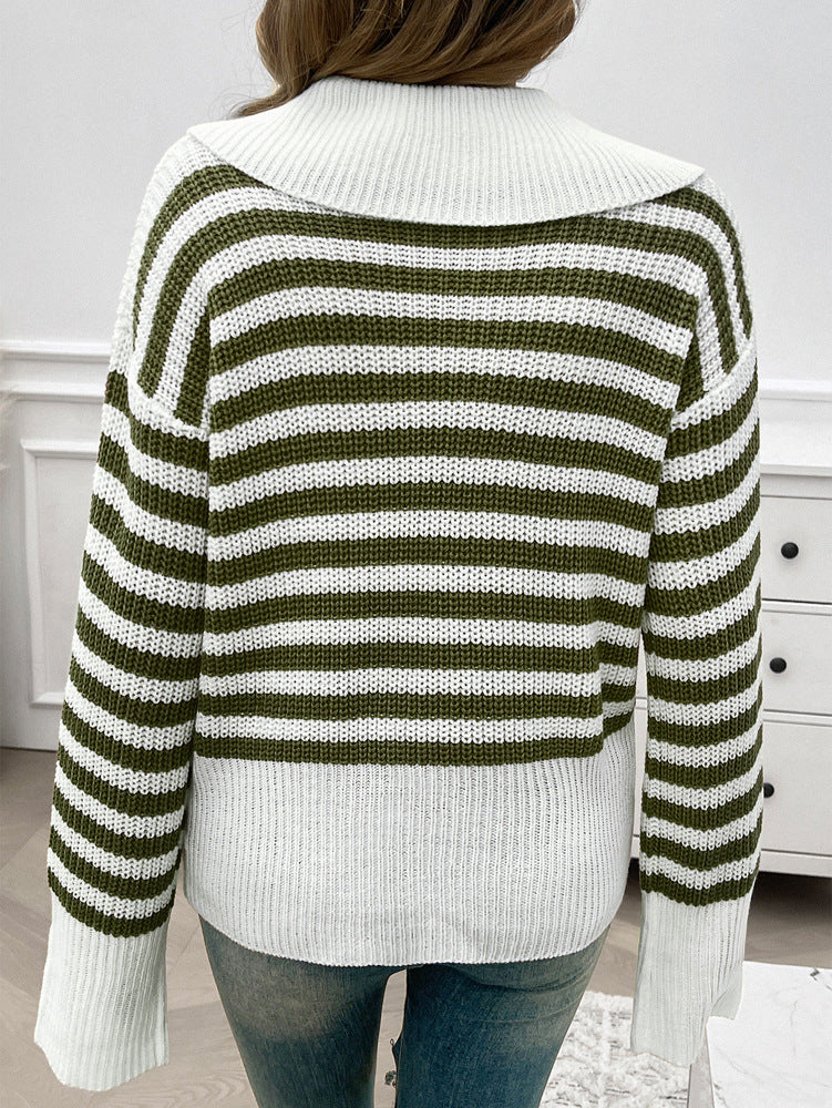 Casual Loose Lapels Striped Long Sleeve Sweater
