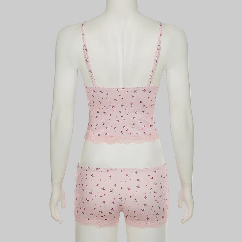 Sexy Camisole Floral Lace Shorts Pajamas Two Piece Set