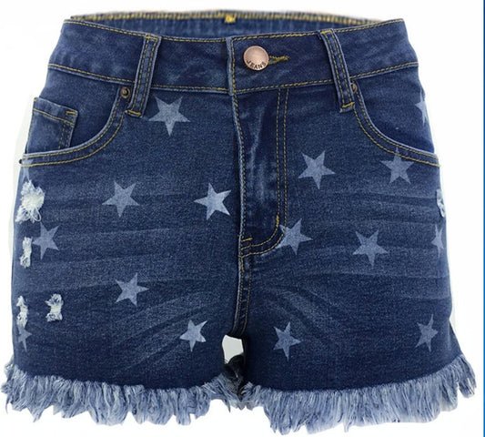 High Waist Tassel Star Print Denim Shorts