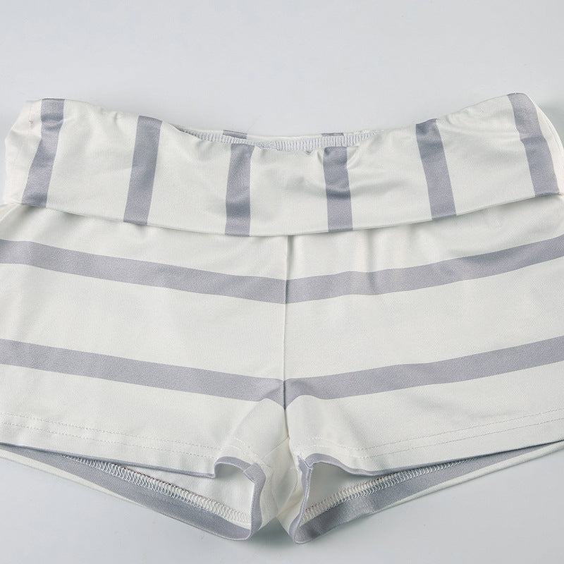 Striped Contrast Color Halter Lace-up Two Piece Set