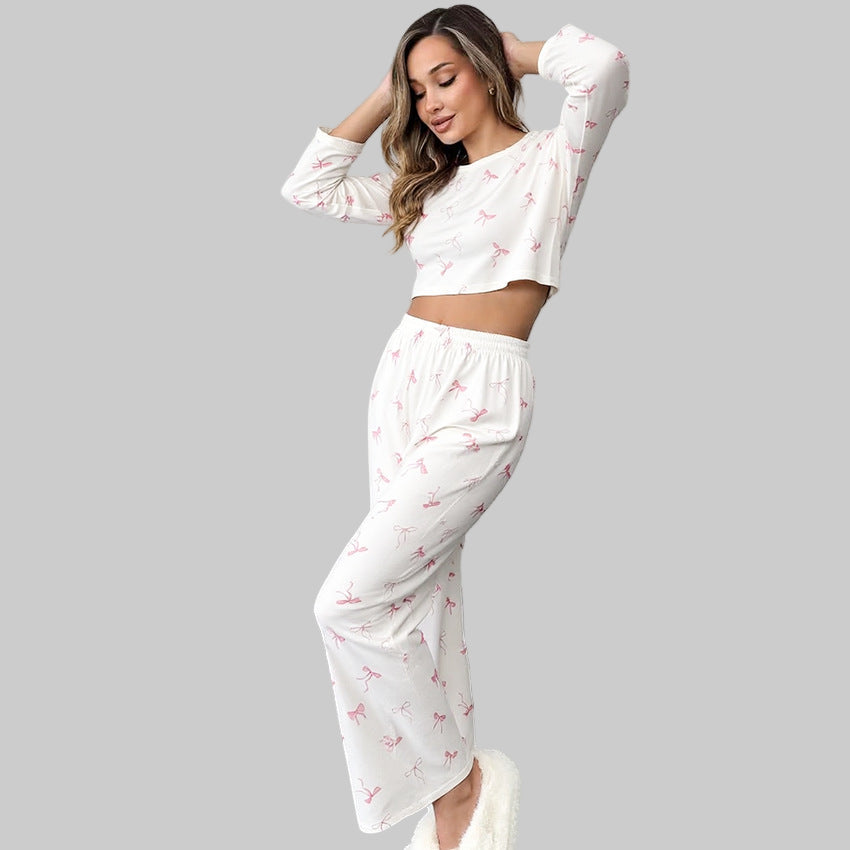 Pattern Print Bow Top Knitted Pajamas Set