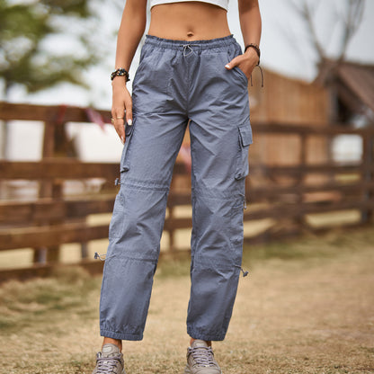 Multi Pocket Ankle Tied Lace Up Adjustable Straight Cargo Pants