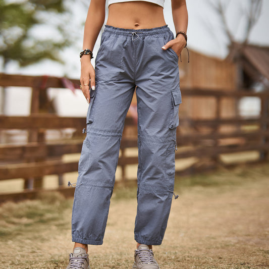 Multi Pocket Ankle Tied Lace Up Adjustable Straight Cargo Pants