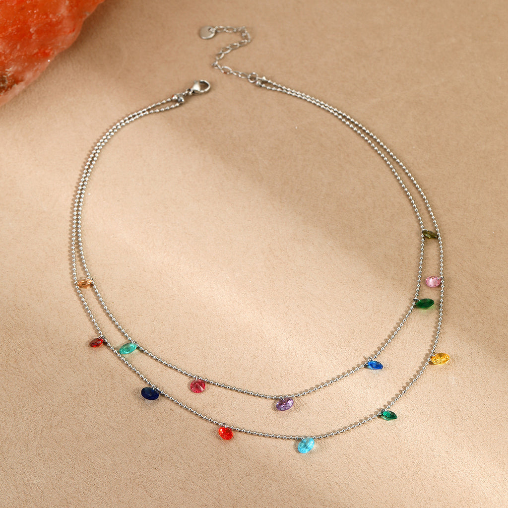 Titanium Steel Light Luxury Minority Color Zircon Multi Layer Twin 18K Gold Plating Necklace