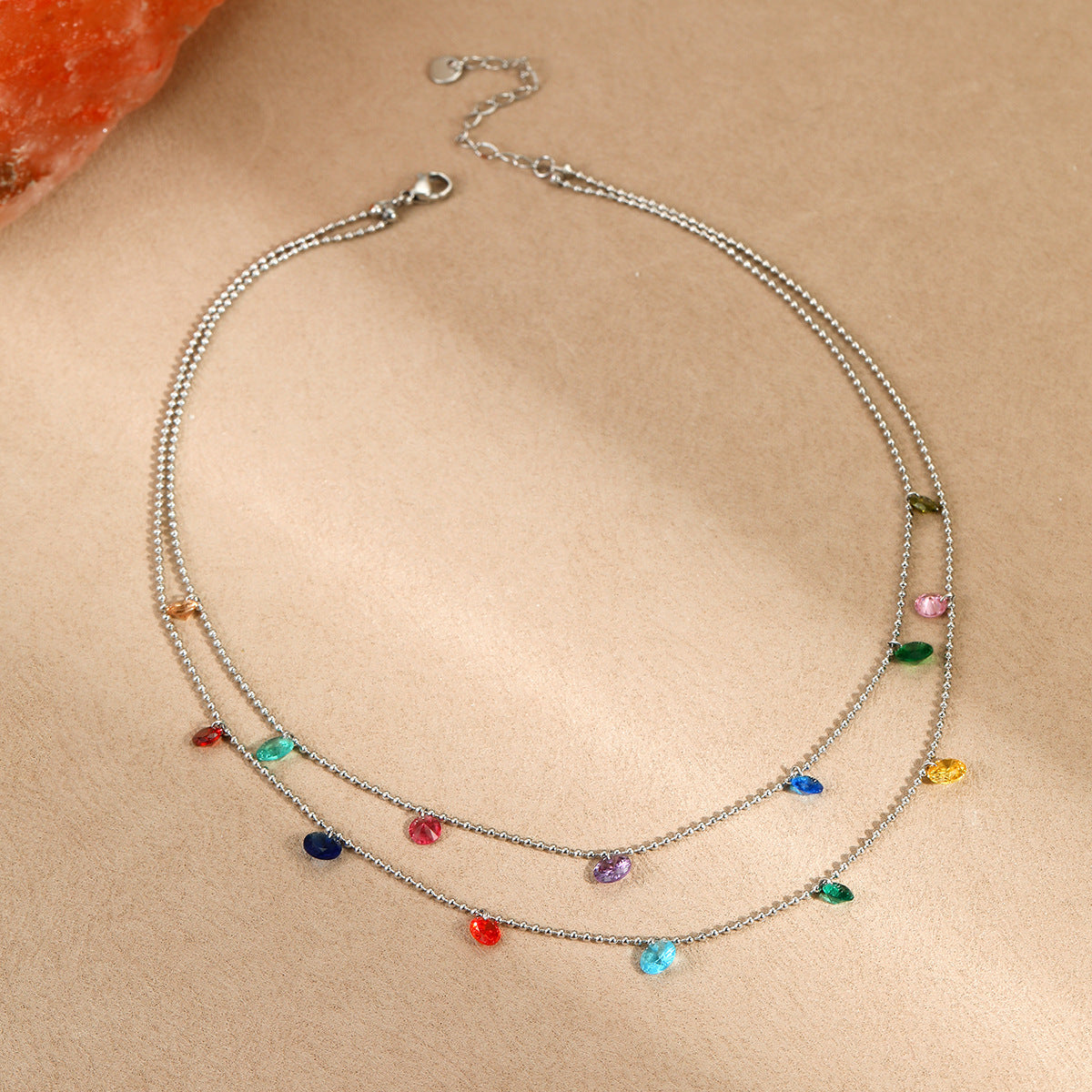 Titanium Steel Light Luxury Minority Color Zircon Multi Layer Twin 18K Gold Plating Necklace