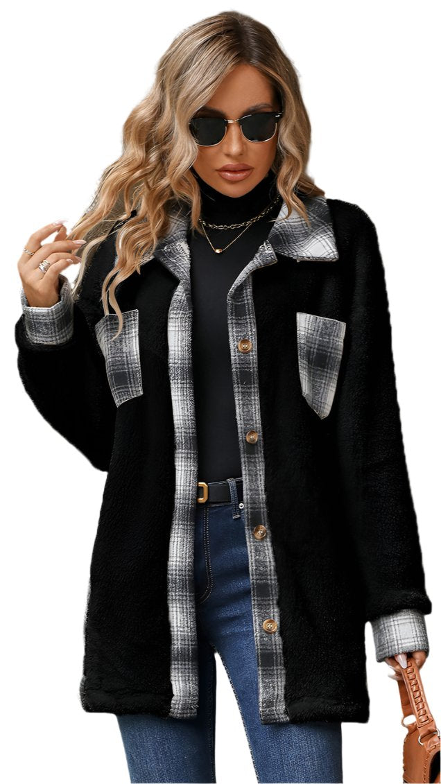 Single-Breasted Collared Mid-Length Plaid Plush Coat