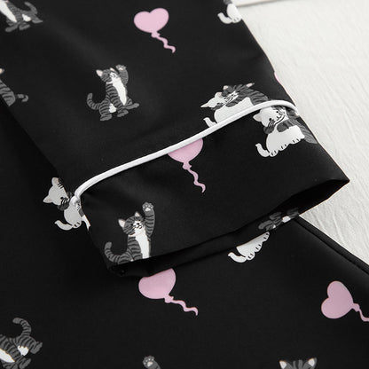 Cute Cat Print Artificial Silk Pajamas Set