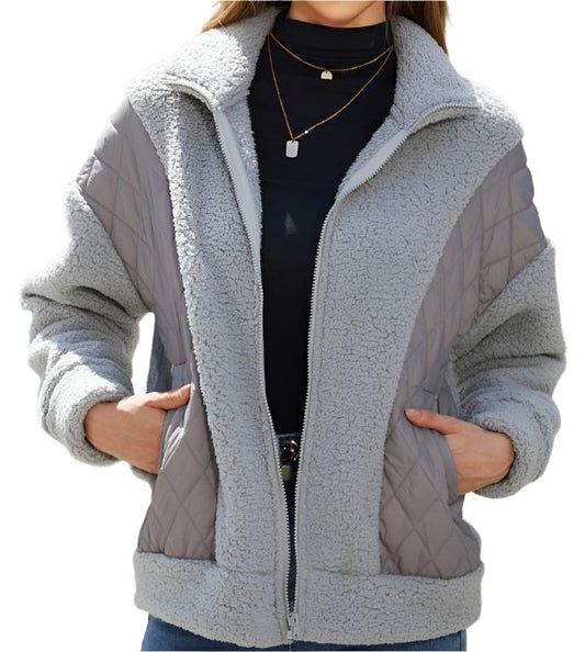 Autumn Winter Long Sleeve Zipper Plush Stitching Coat