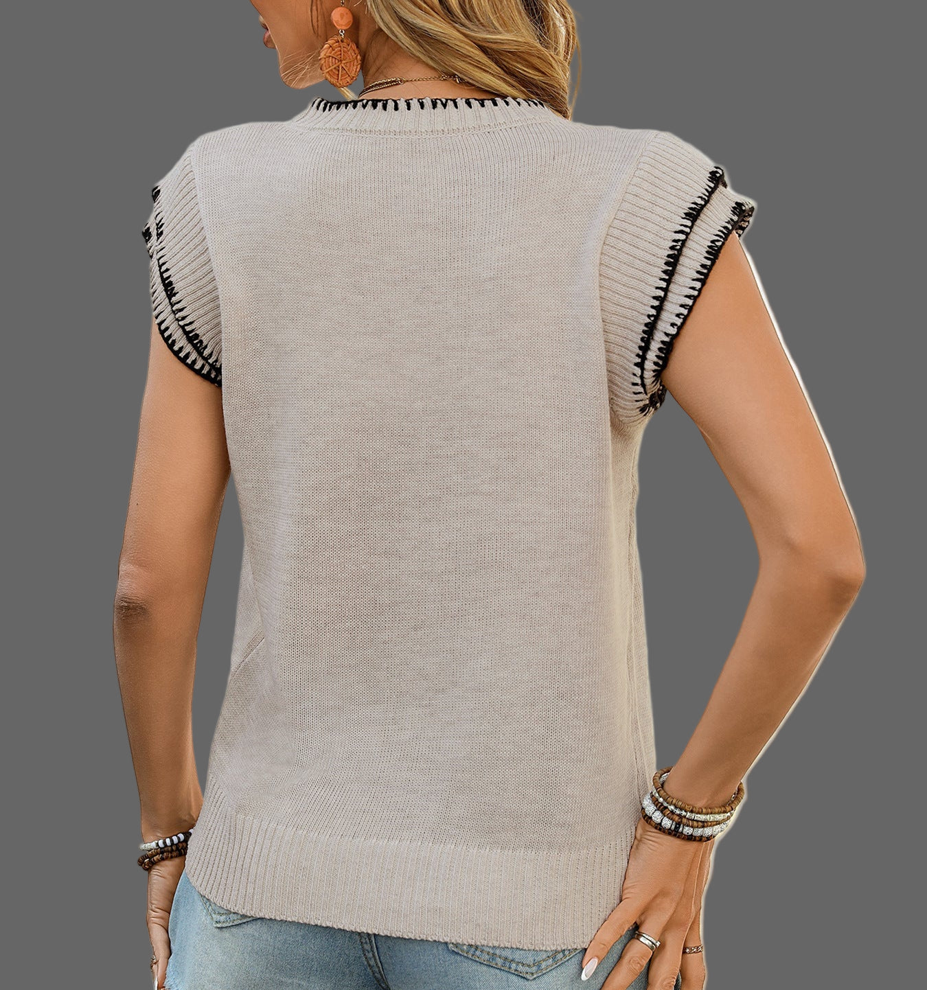 Stitching Decorative Sleeveless Knitted Sweater
