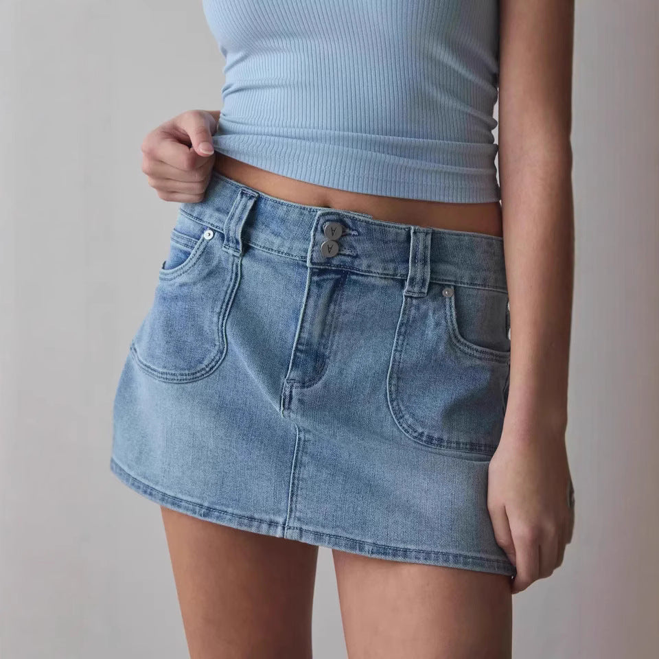 Double Button High Waist Slim Denim Skirt