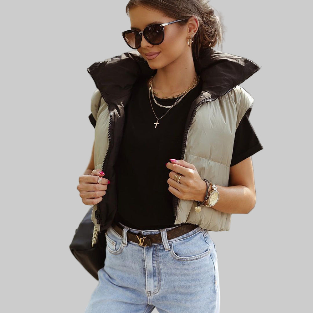 Double Sided Cotton Padded Stand Collar Zipper Vest Coat