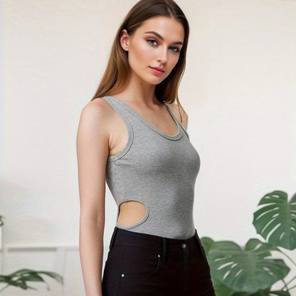 Sexy Slim Fit U-Collar Waist Hollow Cutout Rayon Rib Bodysuit