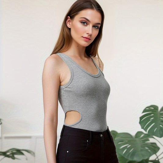 Sexy Slim Fit U-Collar Waist Hollow Cutout Rayon Rib Bodysuit