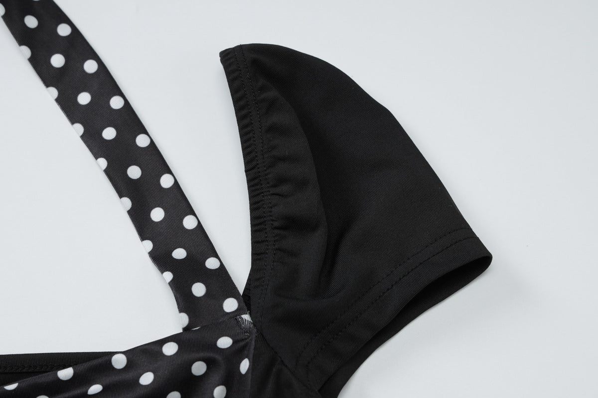 Halter Short Sleeve Backless Polka Dot Top