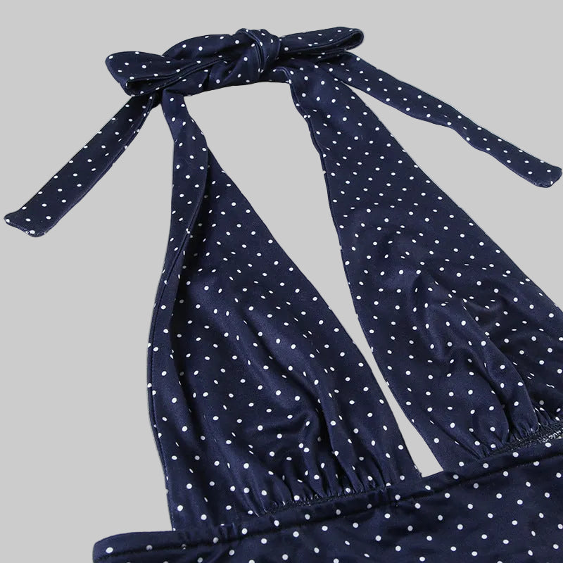 Polka Dot Halter Ruffle Tiered Mini Mid Length Skirt Two Piece Set